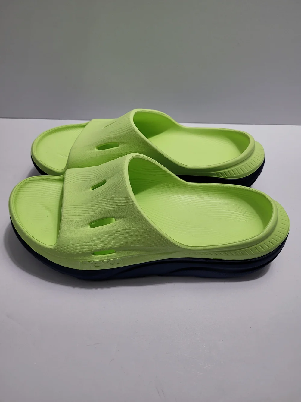Hoka Ora Recovery Lime Green Slide Sandals with Dark Sole